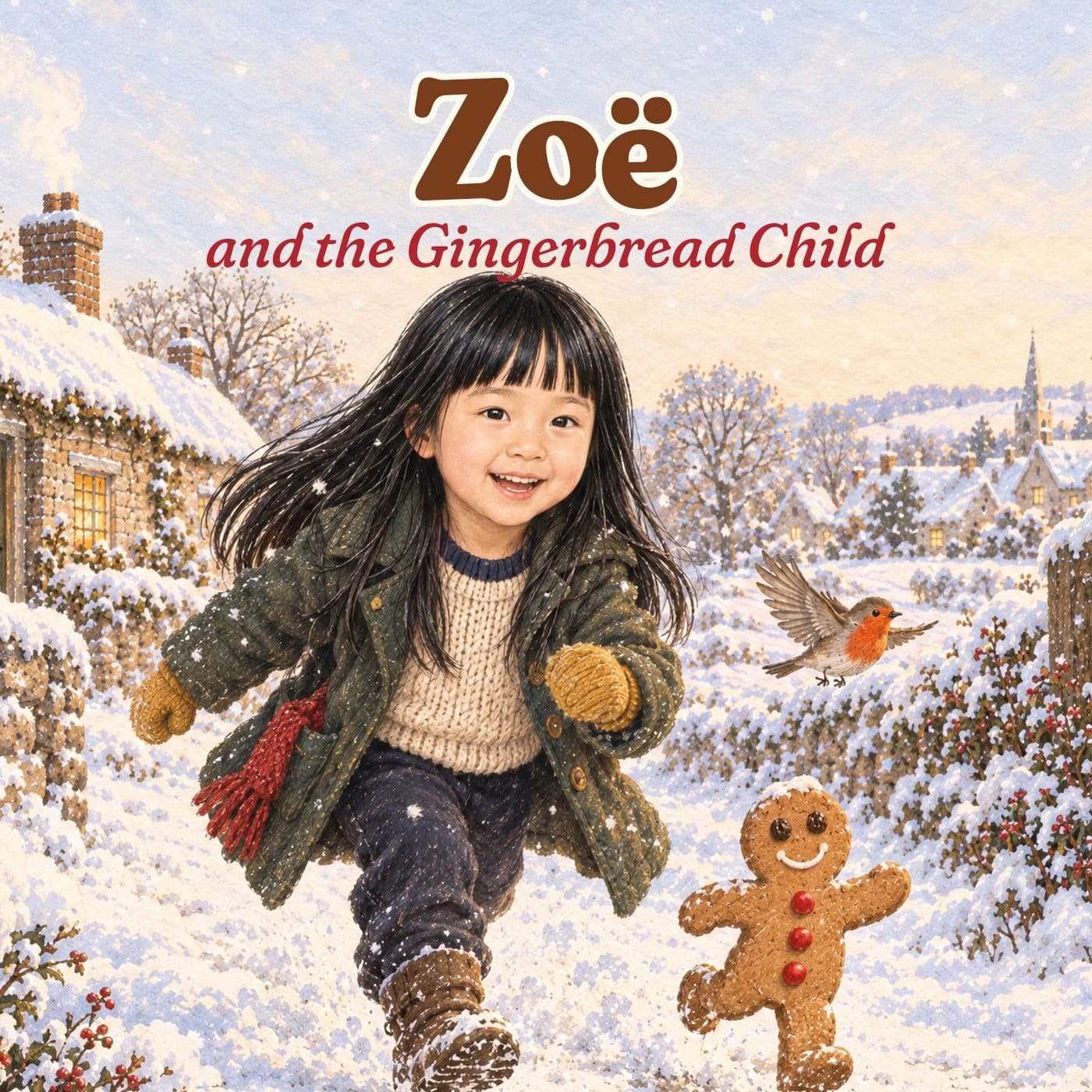 Front cover: Zoë and the Gingerbread Child. A laughing girl with long black hair runs through the snow beside a running gingerbread cookie and a robin