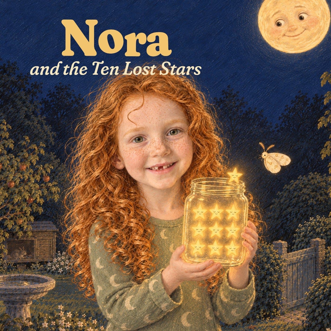 Front cover: Nora and the Ten Lost Stars. A red-haired girl in moon pyjamas holds up a glowing jar of nine stars, the littlest star on its rim, a kind Moon above