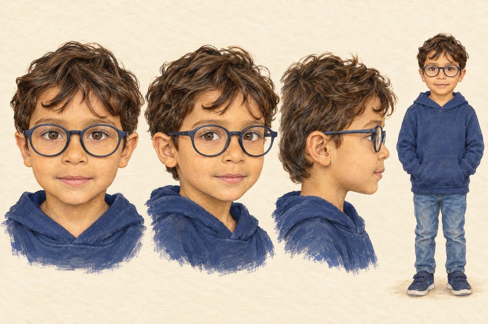 Mateo’s likeness sheet: his face from the front, three-quarter and side, and standing in a blue hoodie and jeans, made from his photo