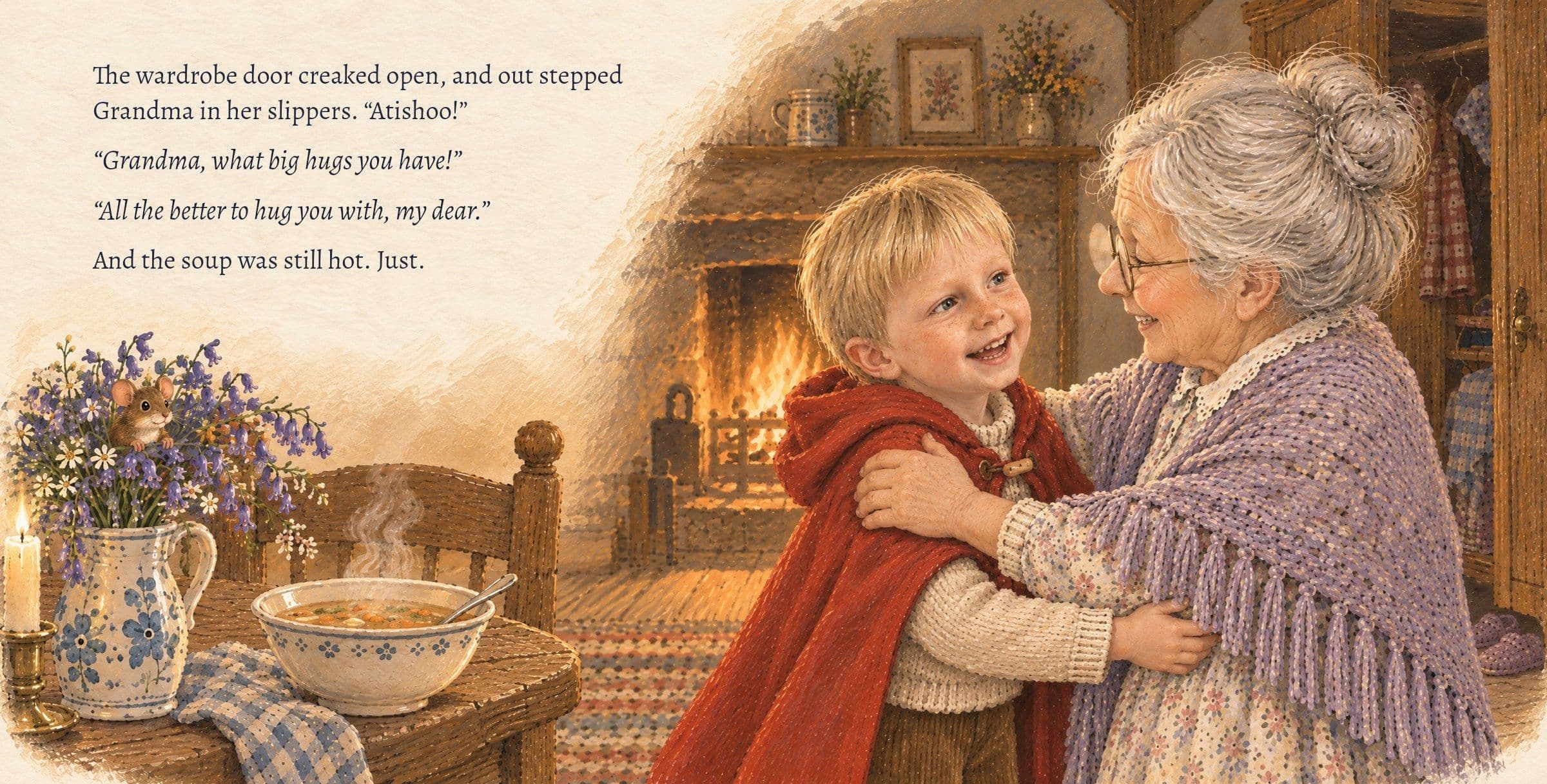Grandma comes out of the wardrobe and holds Bo. The wardrobe door creaked open, and out stepped Grandma in her slippers. “Atishoo!” “Grandma, what big hugs you have!” “All the better to hug you with, my dear.” And the soup was still hot. Just.