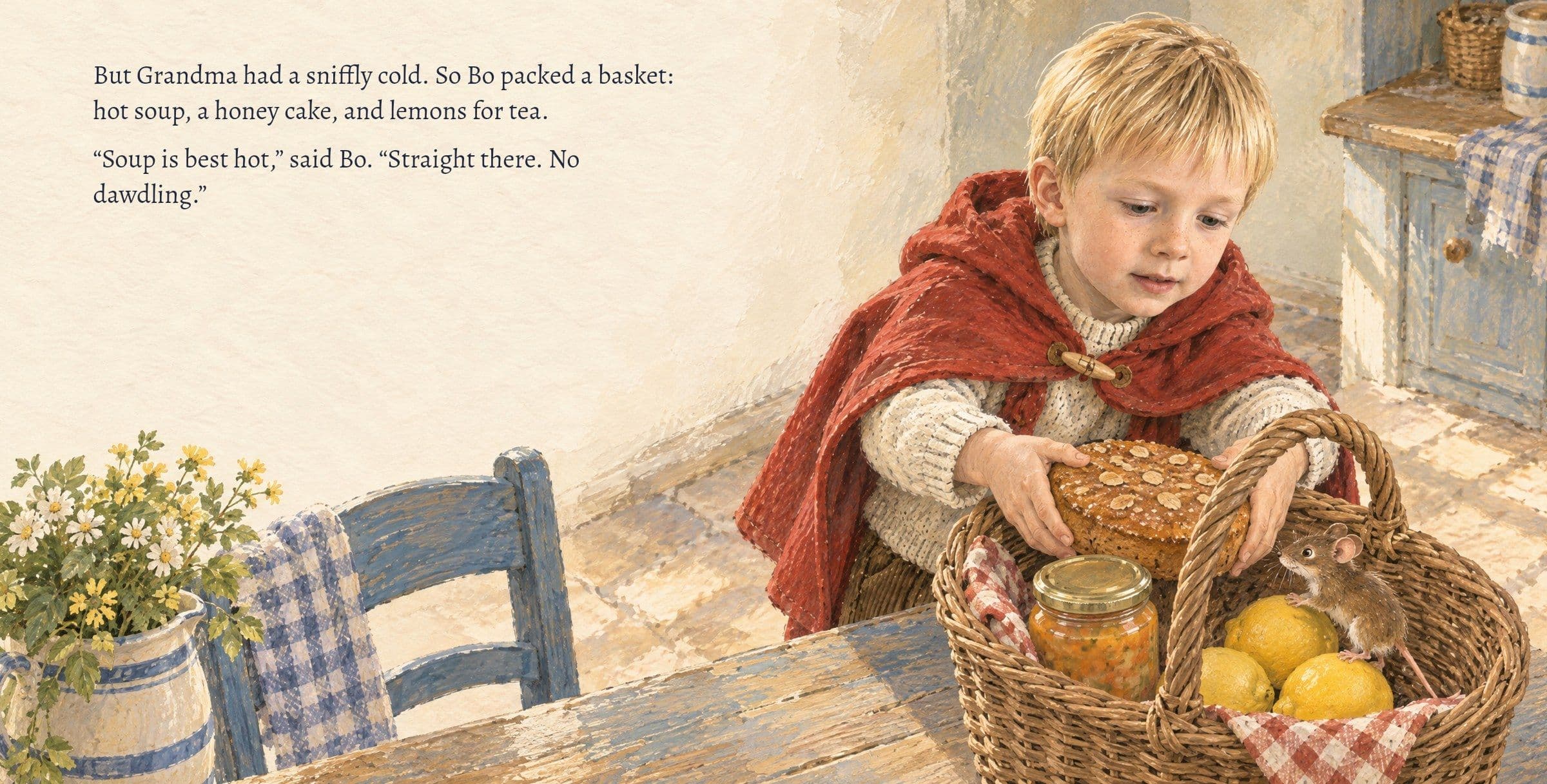 Bo packs a basket with soup, a honey cake and lemons. But Grandma had a sniffly cold. So Bo packed a basket: hot soup, a honey cake, and lemons for tea. “Soup is best hot,” said Bo. “Straight there. No dawdling.”