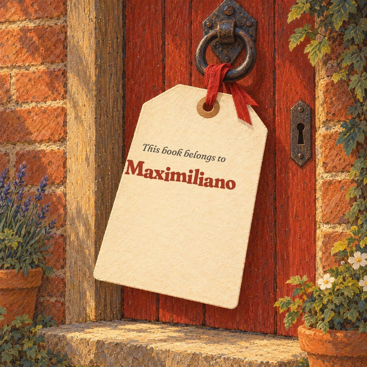 Gift page: a tag on a red front door, reading This book belongs to Maximiliano